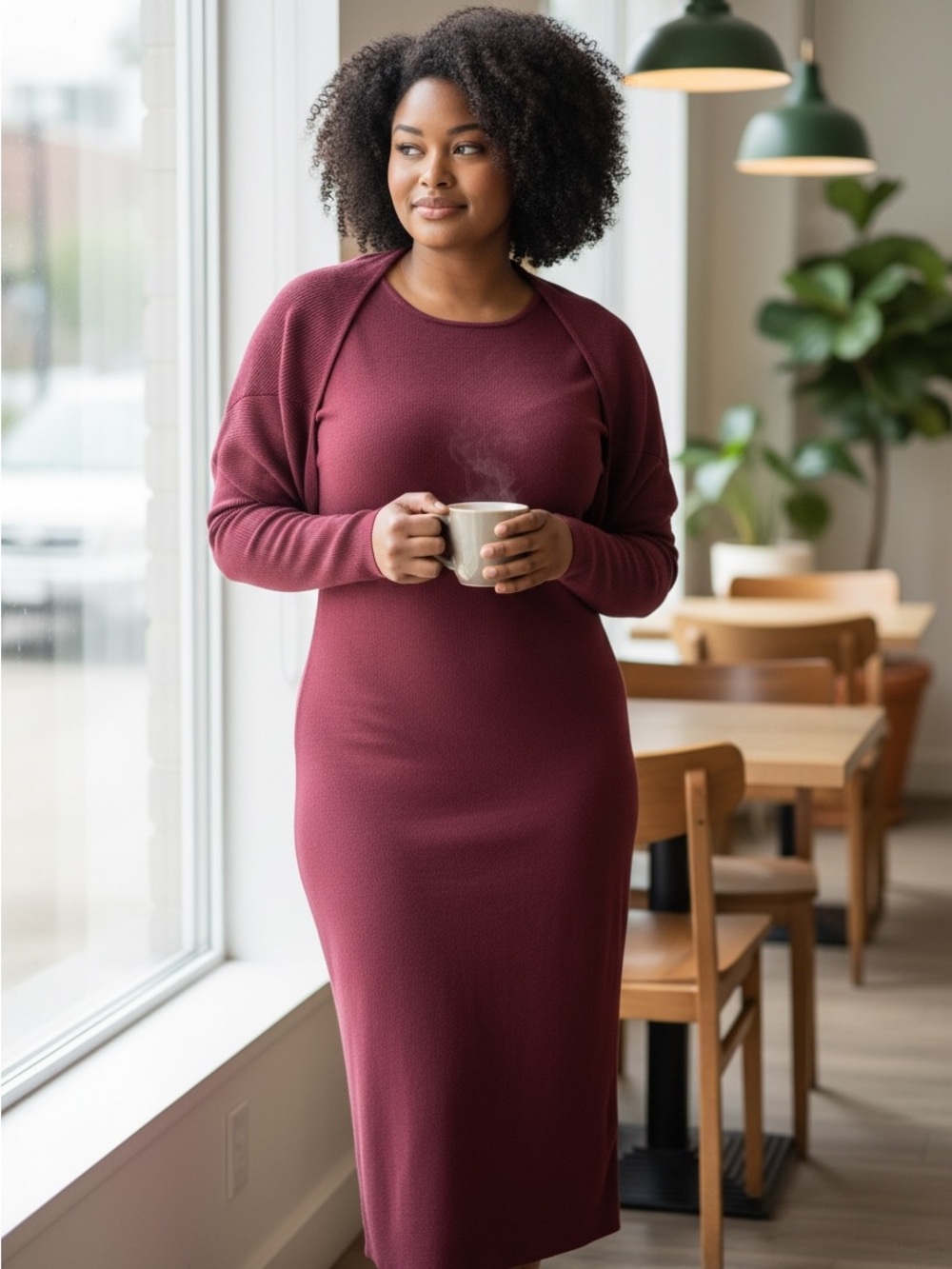 Sleeveless Maxi Sweater Dress with Separate Long Sleeves in Deep Berry